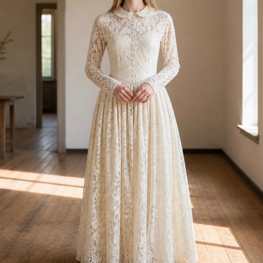 Vintage Prairie Lace Victorian Midi Maxi Gown Dress Women's Small Cream Wedding